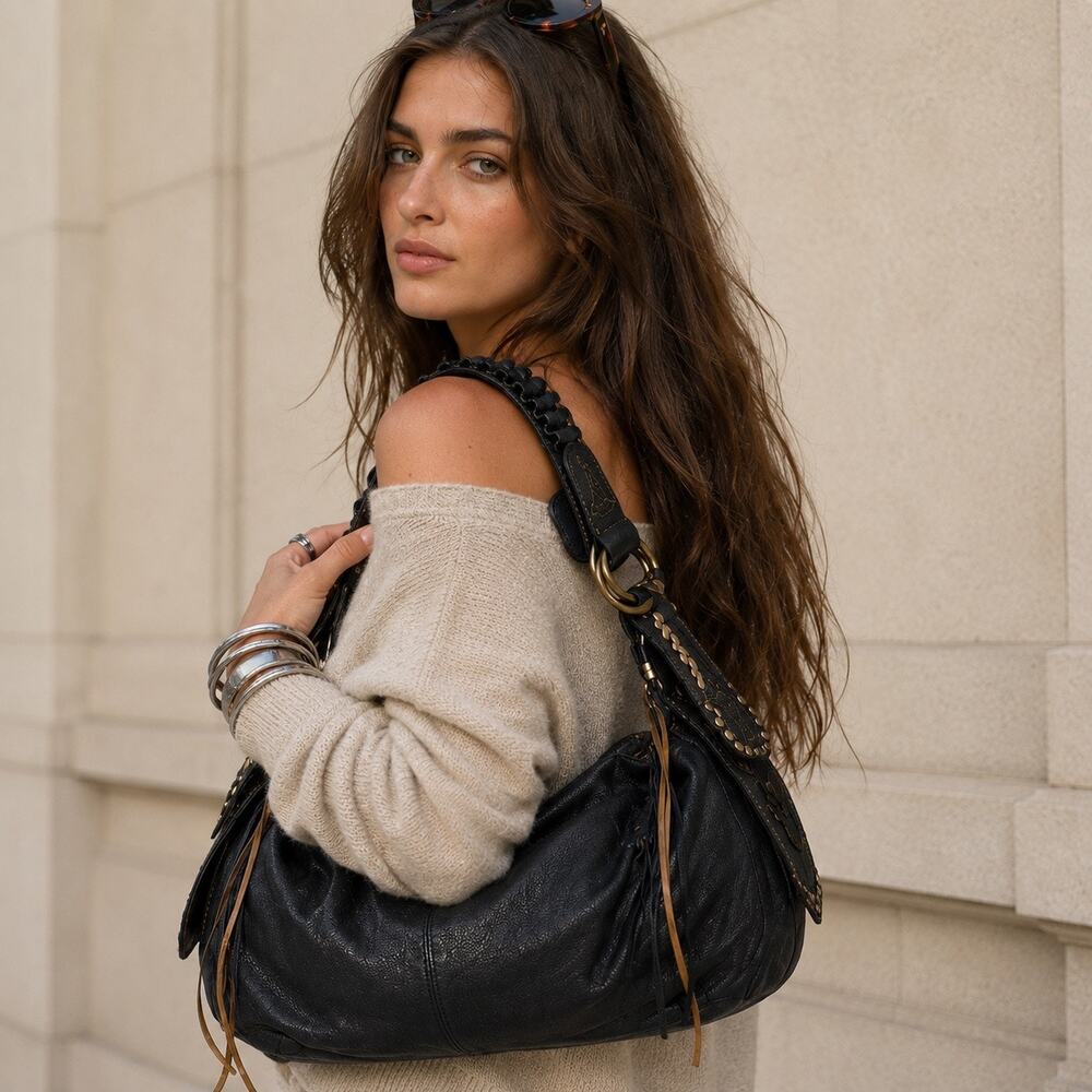 Coco Blanco Genuine Leather Boho Studded Tassel Hobo Shoulder Bag